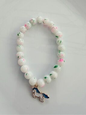 White Beaded Unicorn Charm Bracelet with Pink & Green Speckles